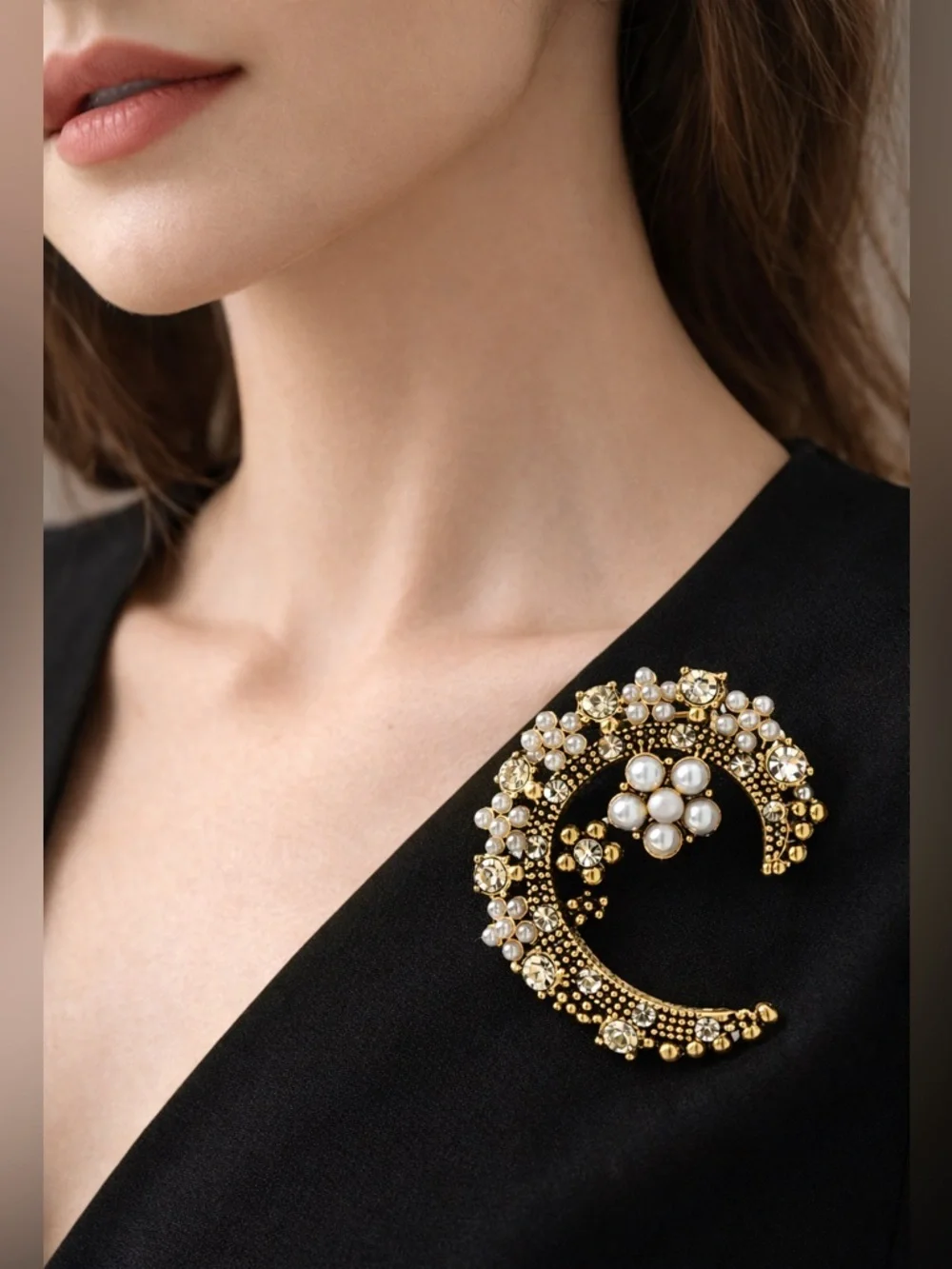 Celestial Crescent Pearl Cluster Gold Brooch